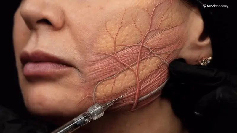 Aplicación en el pómulo con la anatomía de vasos y músculos dibujada sobre el rostro